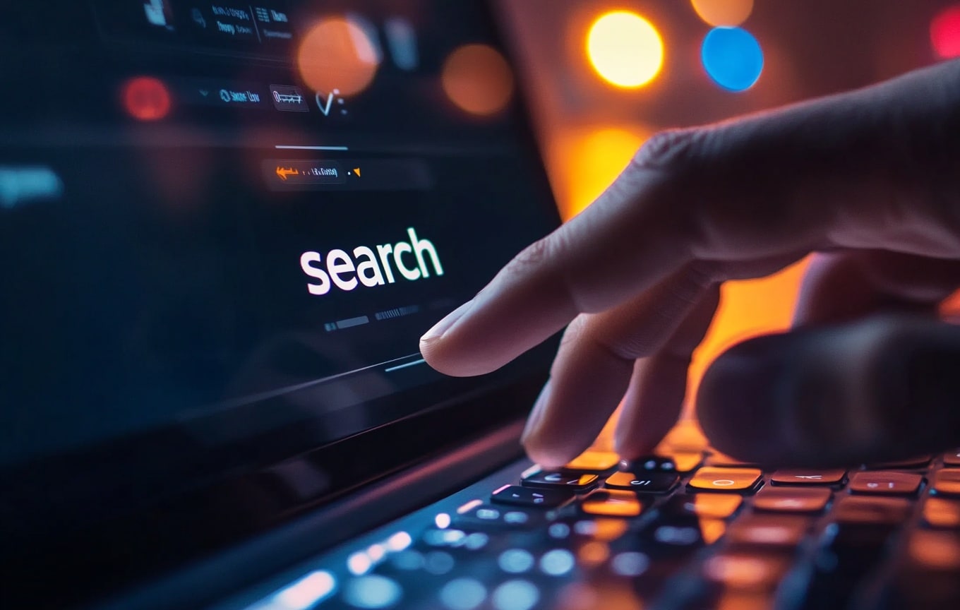 Main touchant un écran de recherche lumineux.
