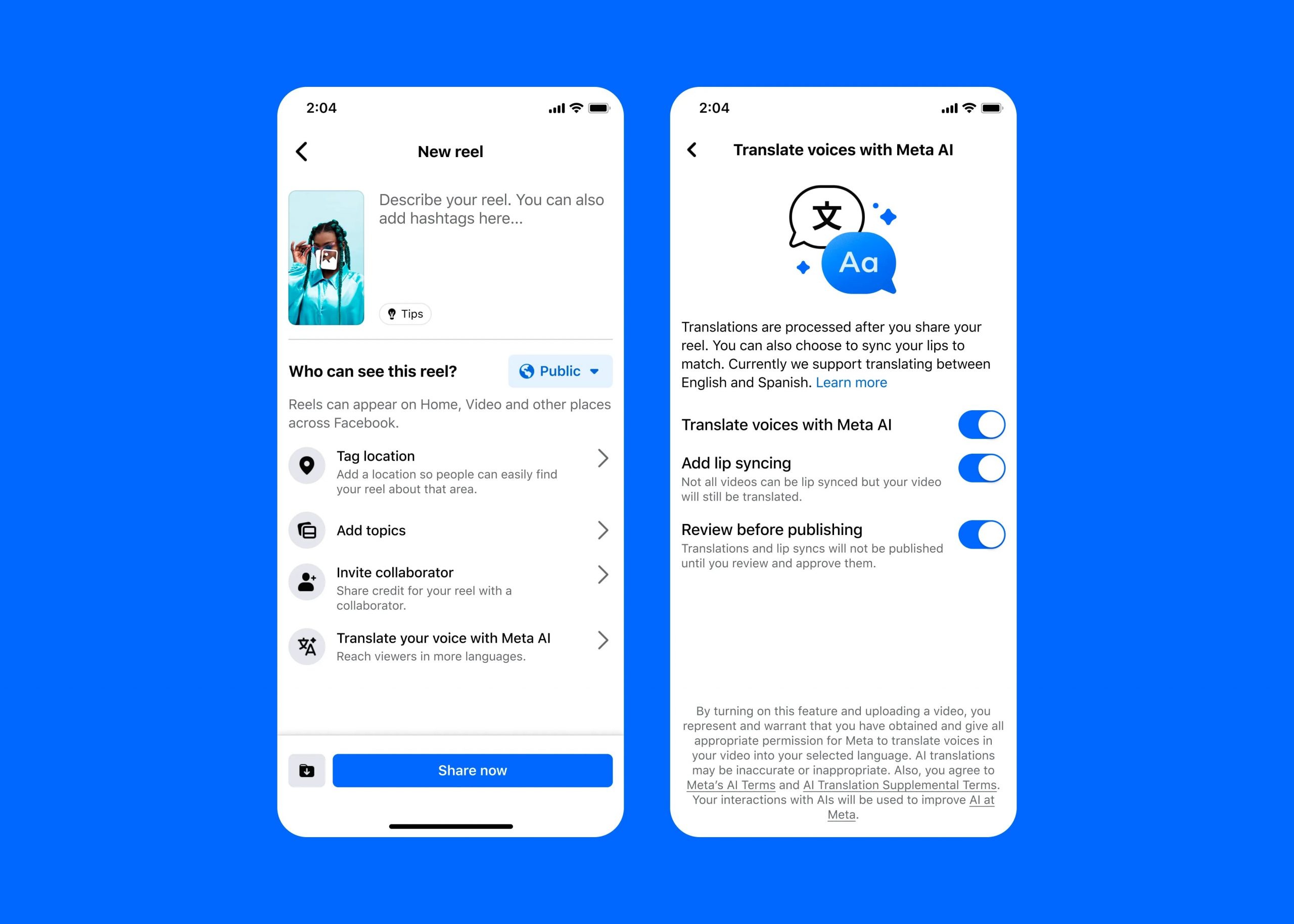 Interface Meta AI pour traduire les vidéos.