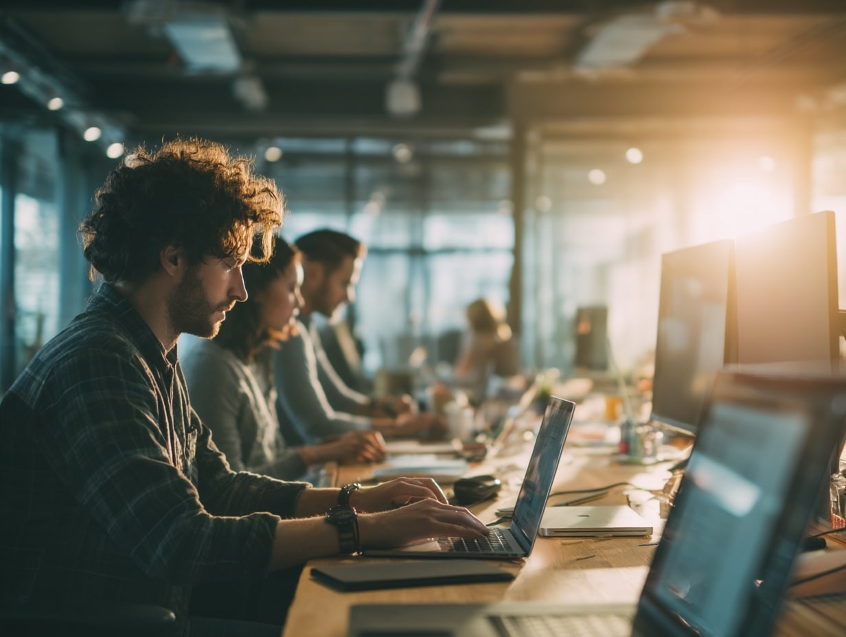 Quatre personnes travaillent dans un bureau lumineux.