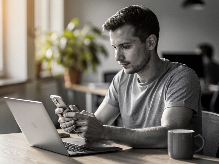 Homme vérifiant son téléphone au bureau.