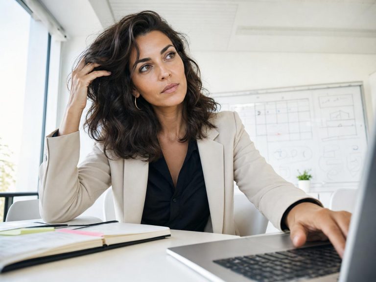 Professionnelle concentrée planifiant la maintenance WordPress sur son ordinateur dans une salle de réunion lumineuse