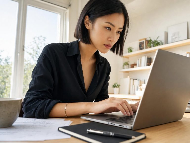 Femme travaillant sur ordinateur portable à domicile