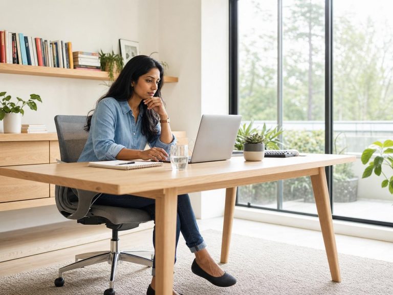Femme travaillant sur ordinateur portable à domicile