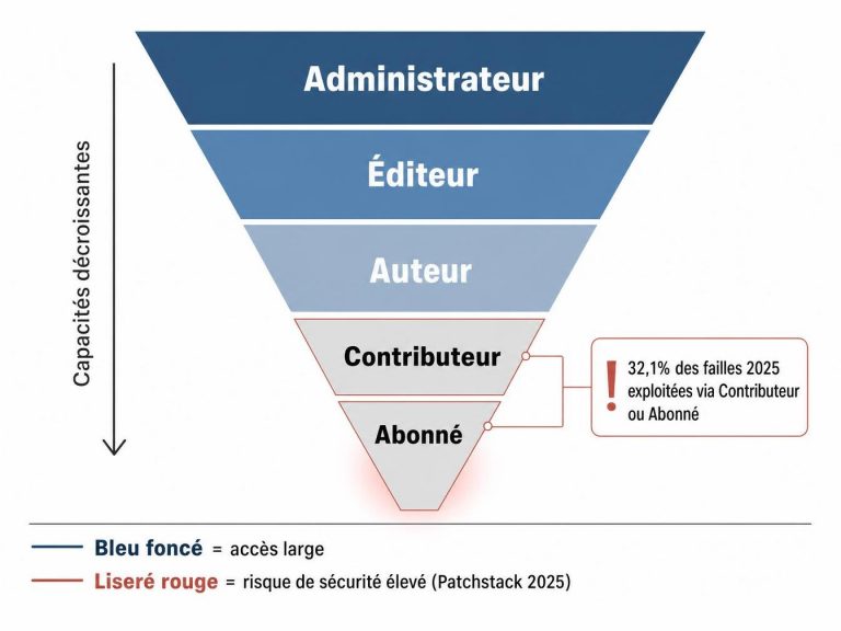 Entonnoir de la hiérarchie des rôles WordPress, d'Administrateur (accès large) à Abonné, avec 32,1% des failles 2025 exploitées via Contributeur ou Abonné selon Patchstack