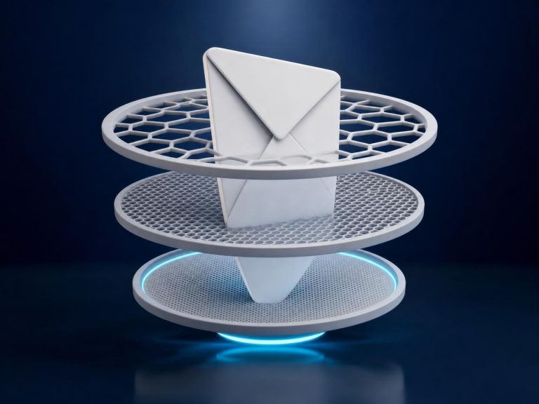 Enveloppe traversant trois filtres de densité croissante, illustrant les trois niveaux de validation d'une adresse email sur WordPress